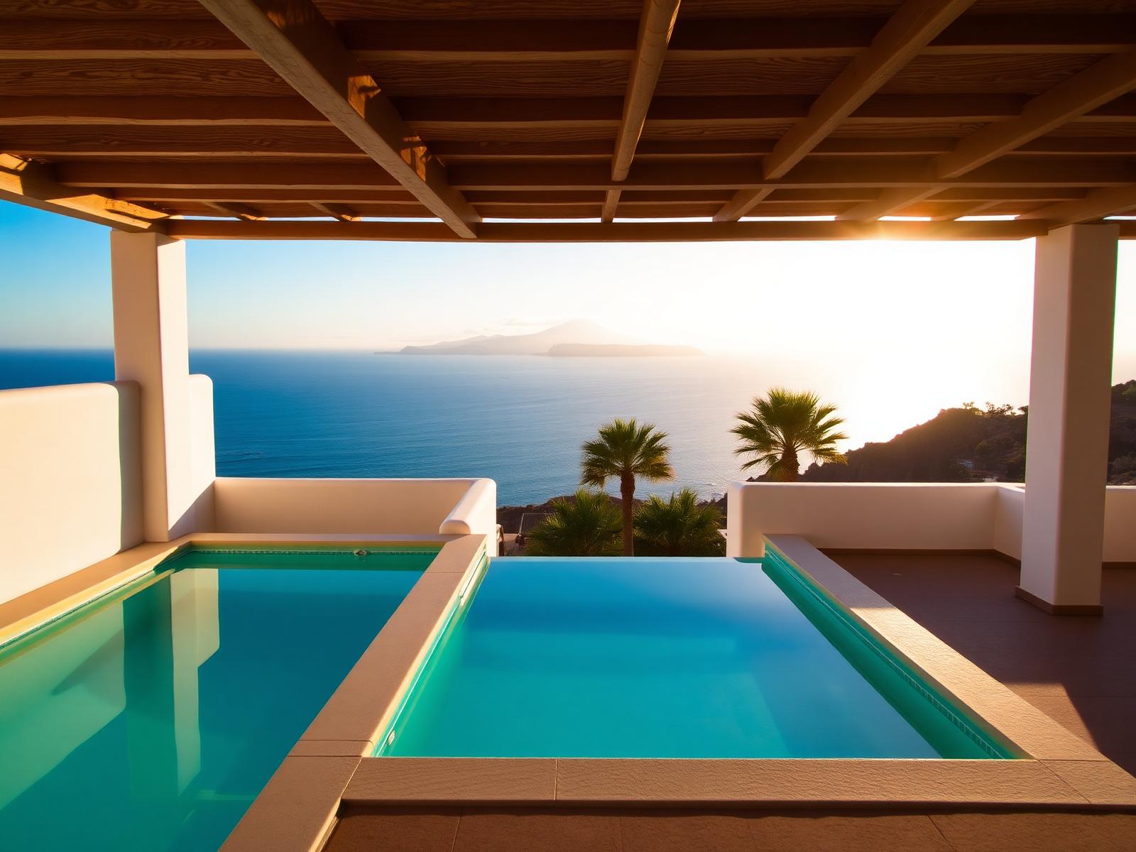 Terrasse einer weißen Villa auf Teneriffa mit Pool und Meerblick im Abendlicht